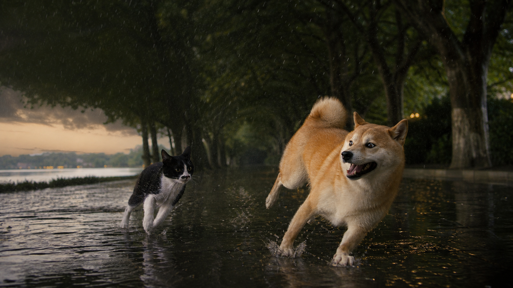 糯米和小米在夏日雨中的湖边公路上奔跑